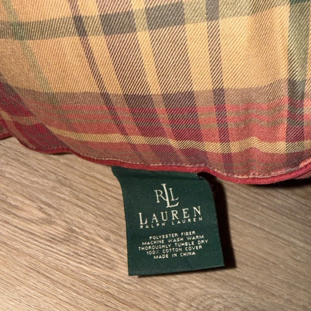 Ralph Lauren  Plaid bed/lounge decor pillows in red and tan. Two pillows.
